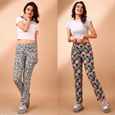 Rayon printed pyjama combo pack (2) for women with back pockets, comfortable elastic waistband and drawstring closure